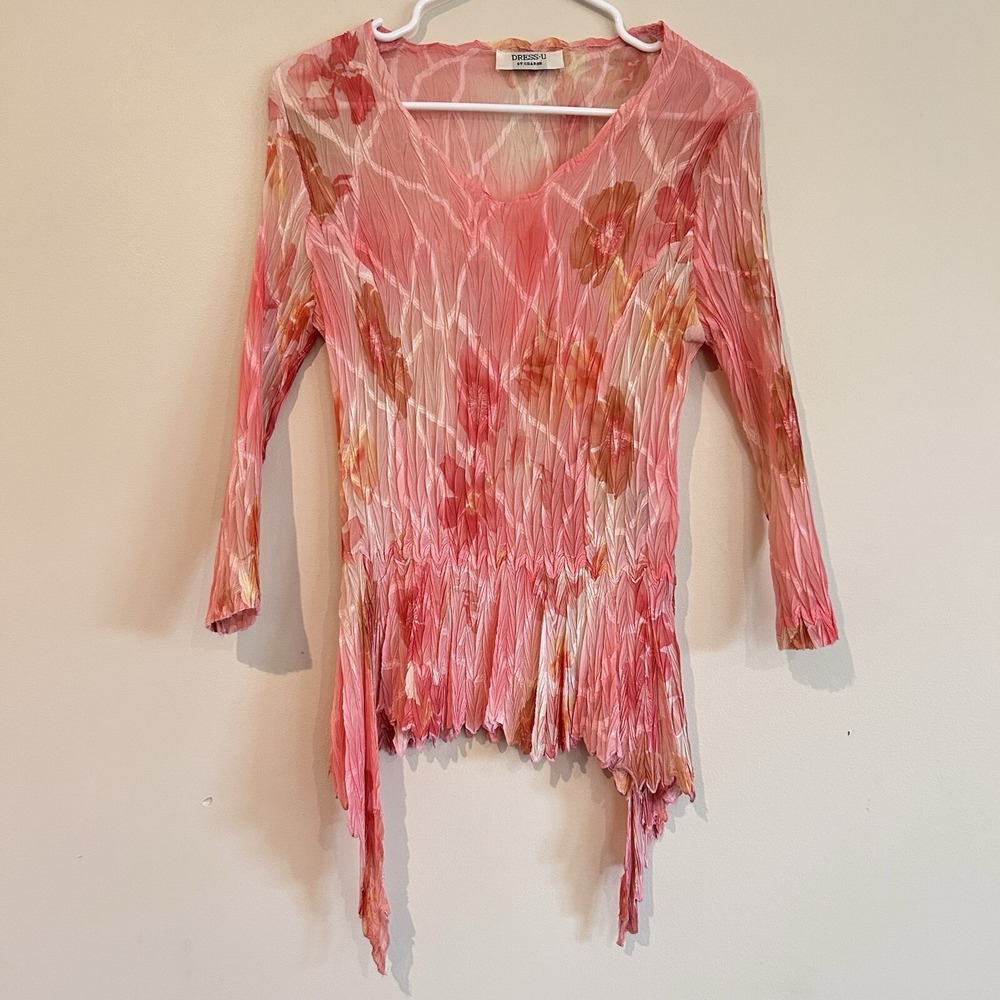 Vtg Y2K Fairy Pink Floral Top Sz M Ethereal Crinkle Sharkbite Hem Whimsical